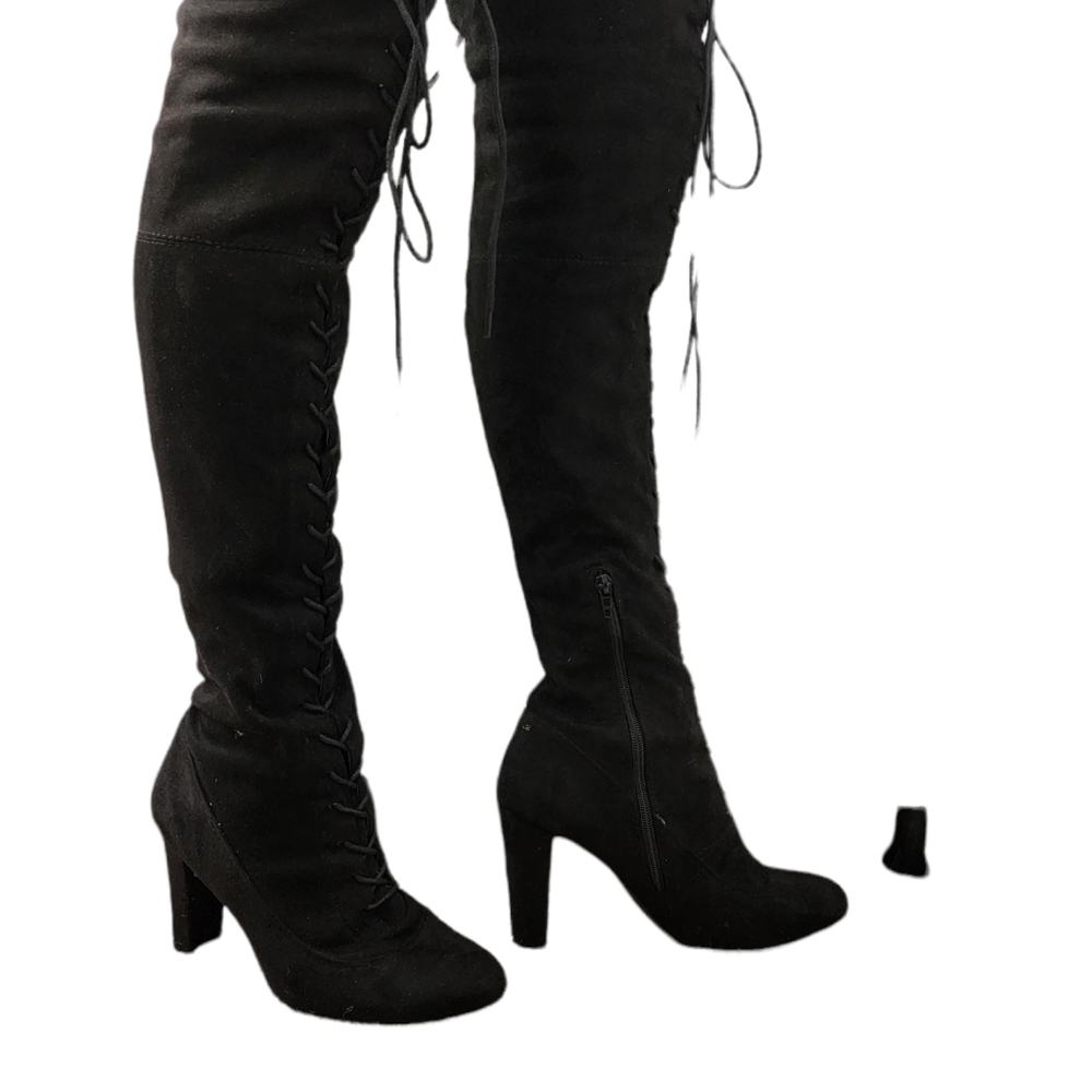 SHEIN Black Faux Suede Over The Knee High Adjustable Tie Lace Up Boots Sz. 8 1/2